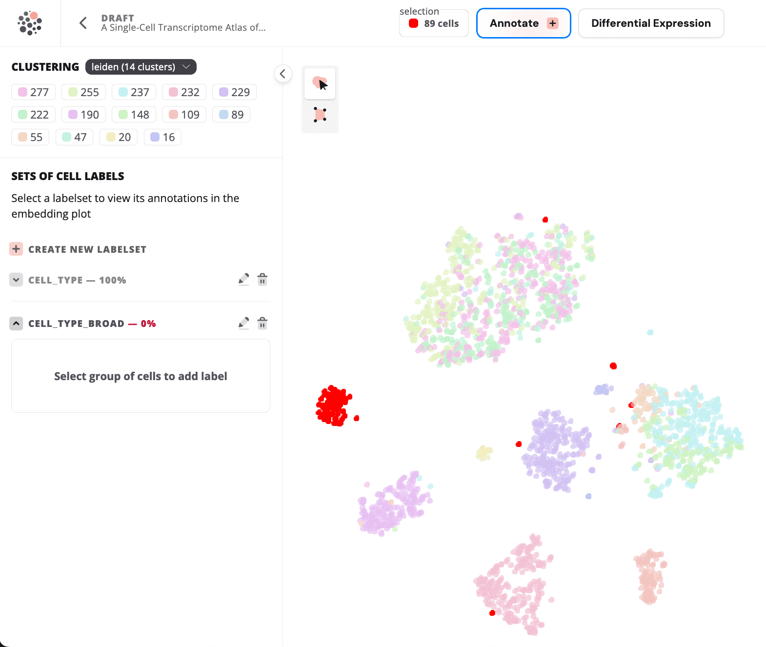 Embedding with cell selection and the "Annotate" button highlighted.