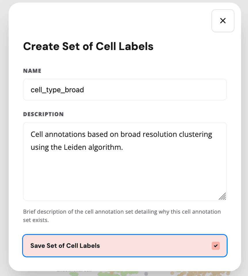 Create Set of Cell Labels popup window with the "Save Set of Cell Labels" button highlighted.