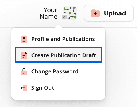 The user actions menu with the "Create Publication Draft" option highlighted