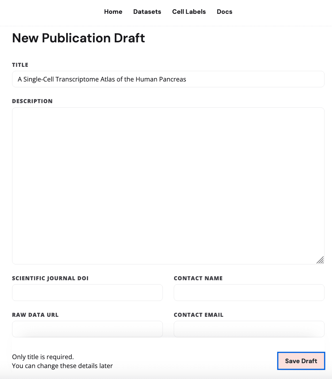 Create publication draft screen with a form prompting for a publication draft name and description.