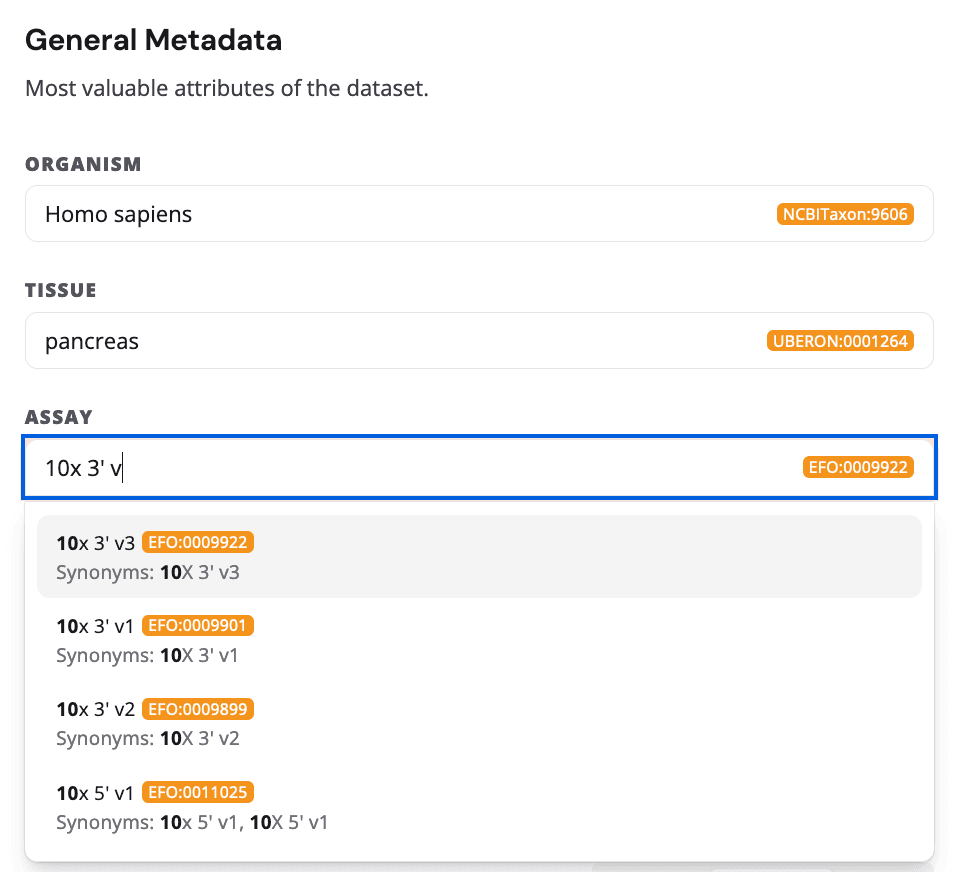 General metadata fields with assay auto-suggestion displayed.
