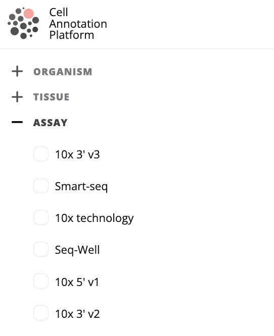 The search filter sidebar on the search page with the assays facet expanded
