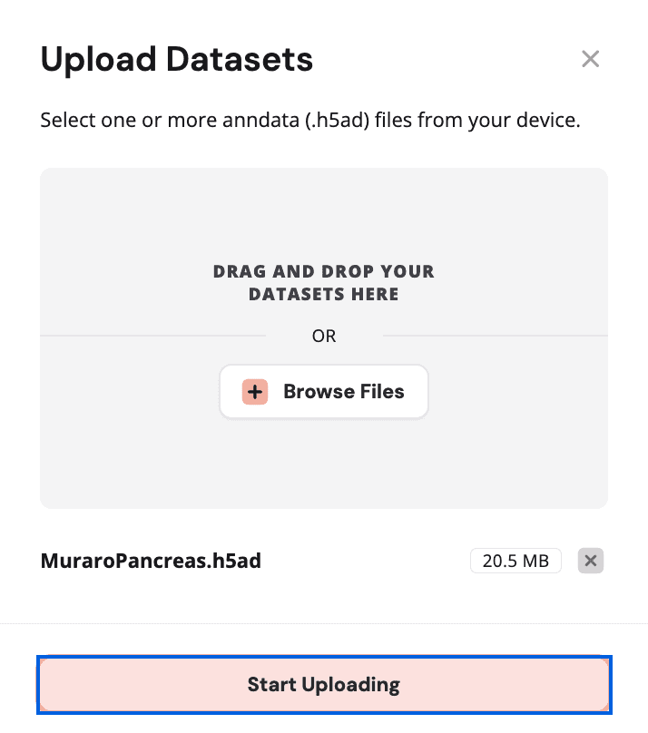 The upload panel into which users upload datasets prompts for a publication draft name and at least one dataset to upload.