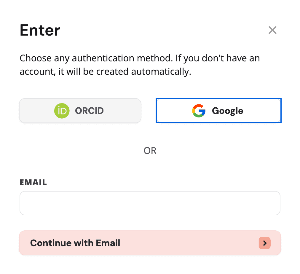 Enter modal with the Continue with Google button highlighted
