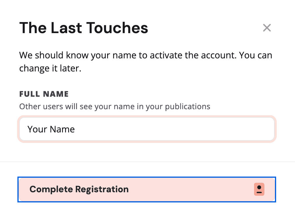 Enter full name modal populated with an example name