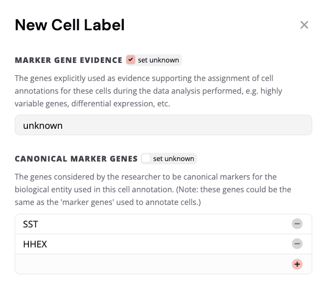 Marker and canonical gene fields with the "add" button highlighted.