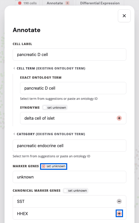 Marker and canonical gene fields with the "add" button highlighted.