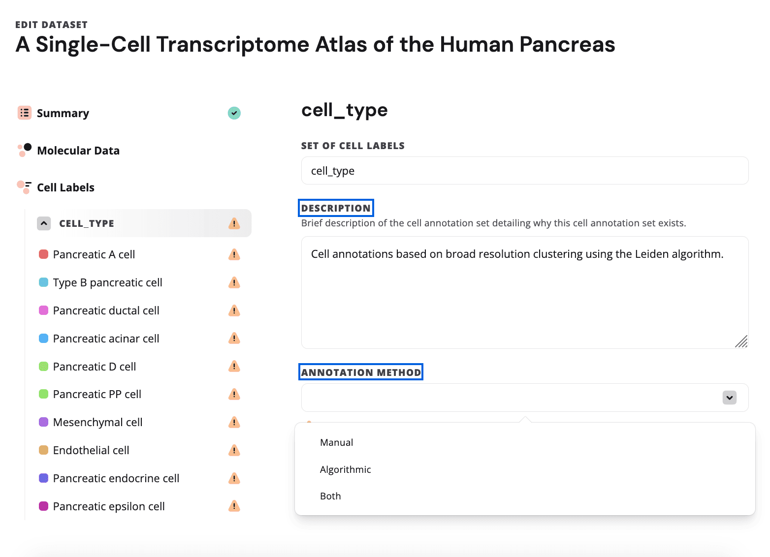 Cell annotation Description with Annotation Method drop-down list.