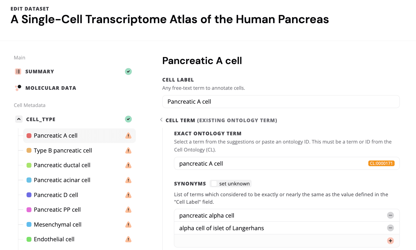 Existing ontology term and synonyms with category suggestions list.
