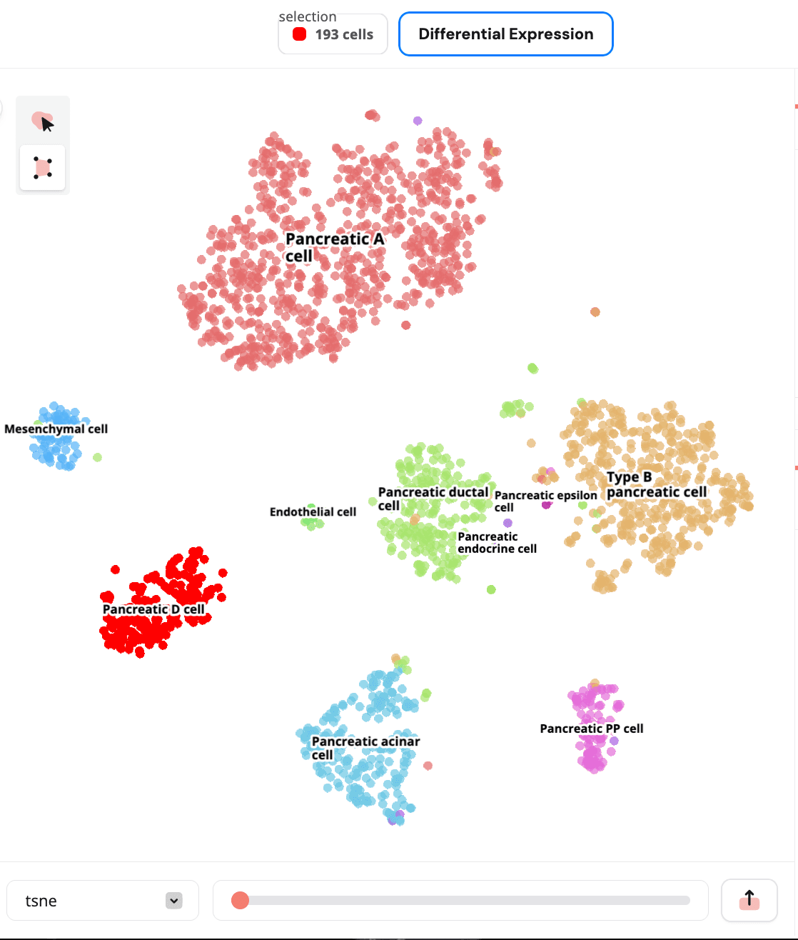 Cells selected for DE and "Differential Expression" button highlighted.