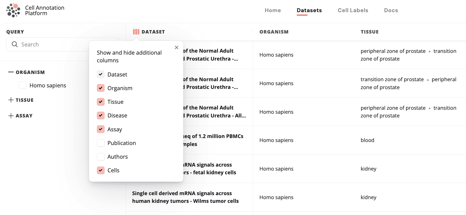 The configure columns box displayed for the dataset table.