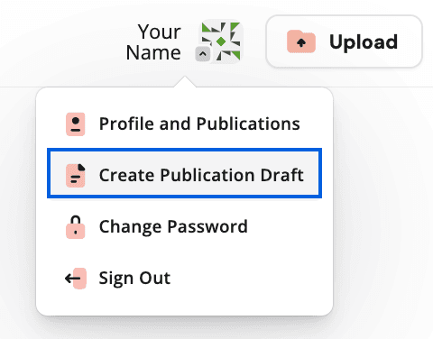 The user actions menu with the "Create Draft Publication" option highlighted