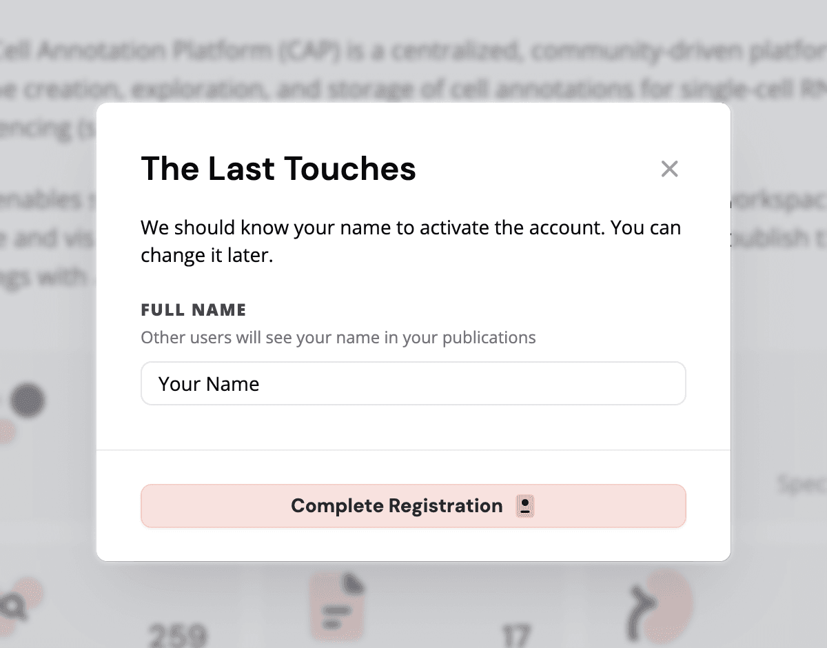 Enter full name modal populated with an example name