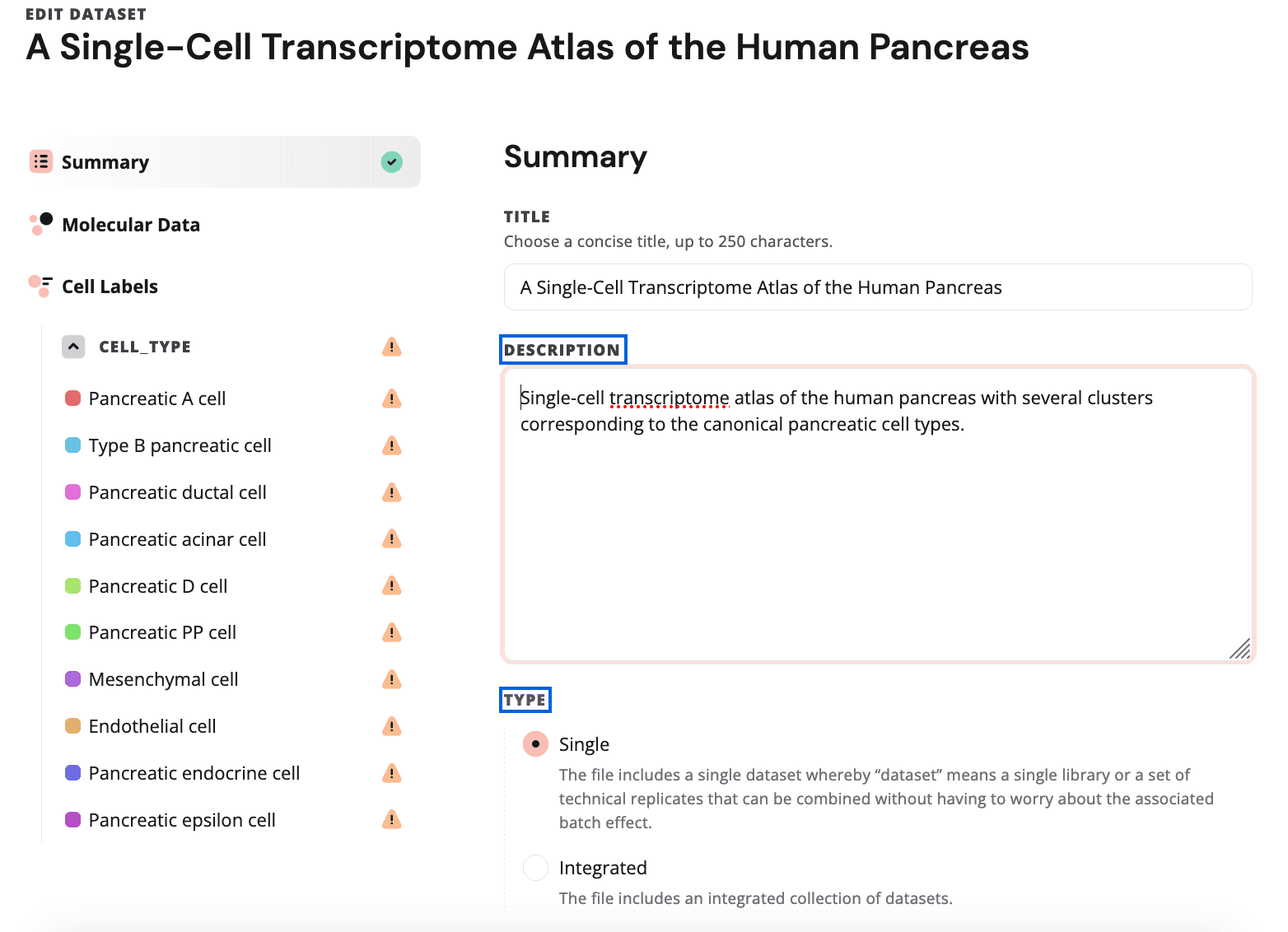 Dataset description and type fields.