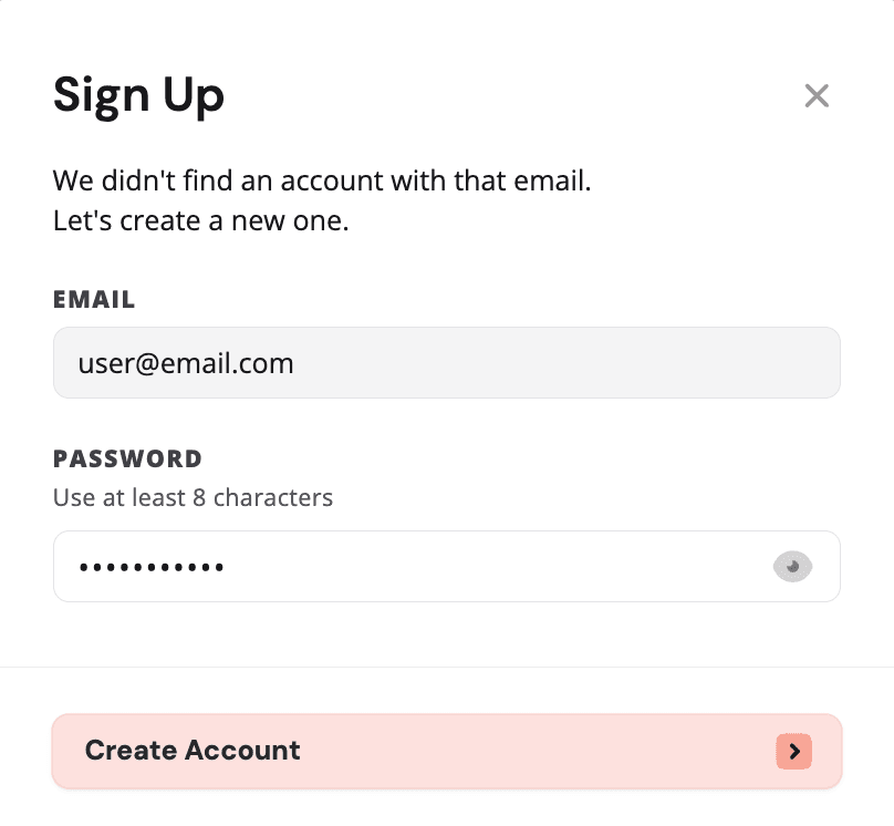 The sign up with email window with password entered