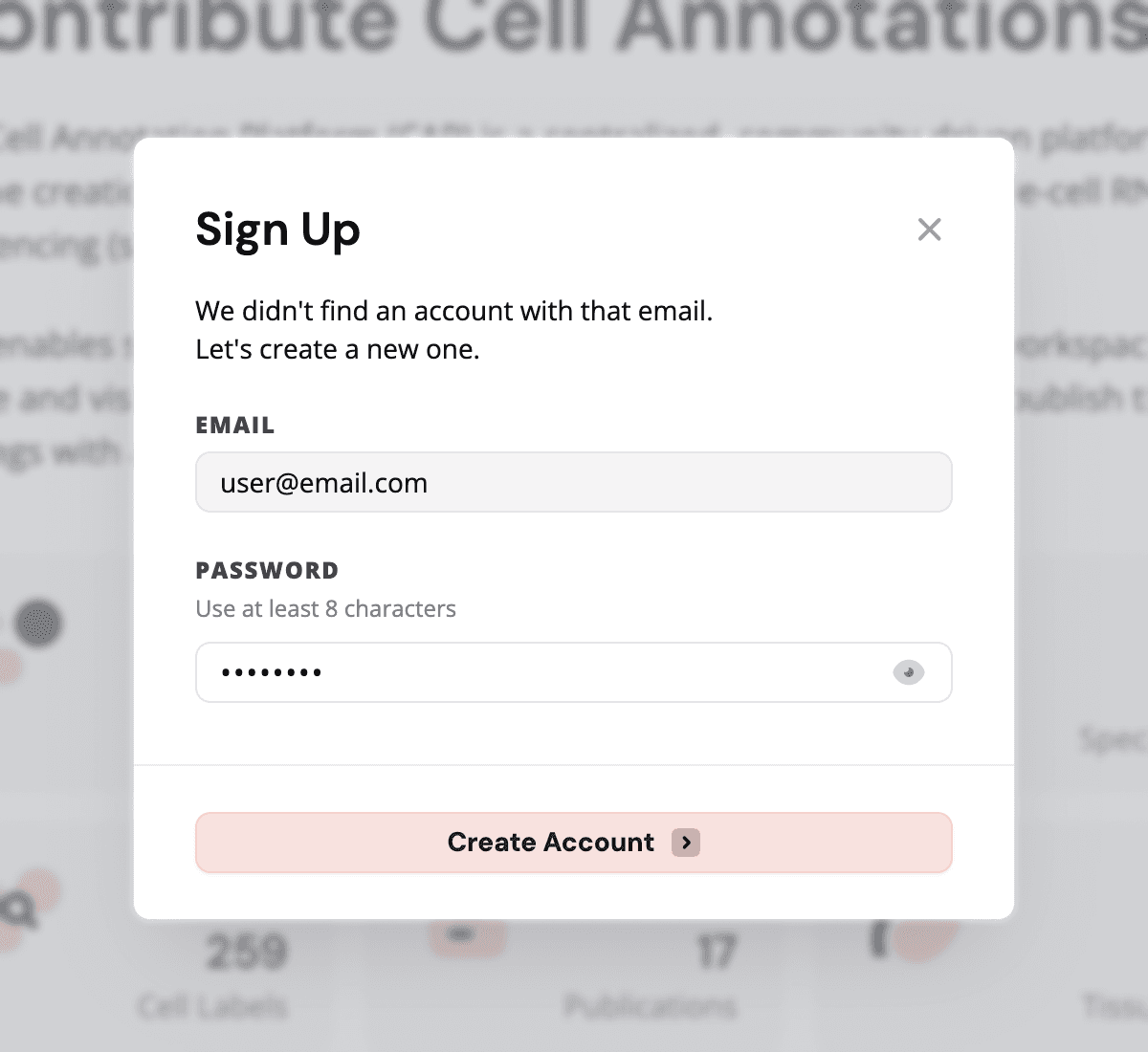 The sign up with email window with password entered