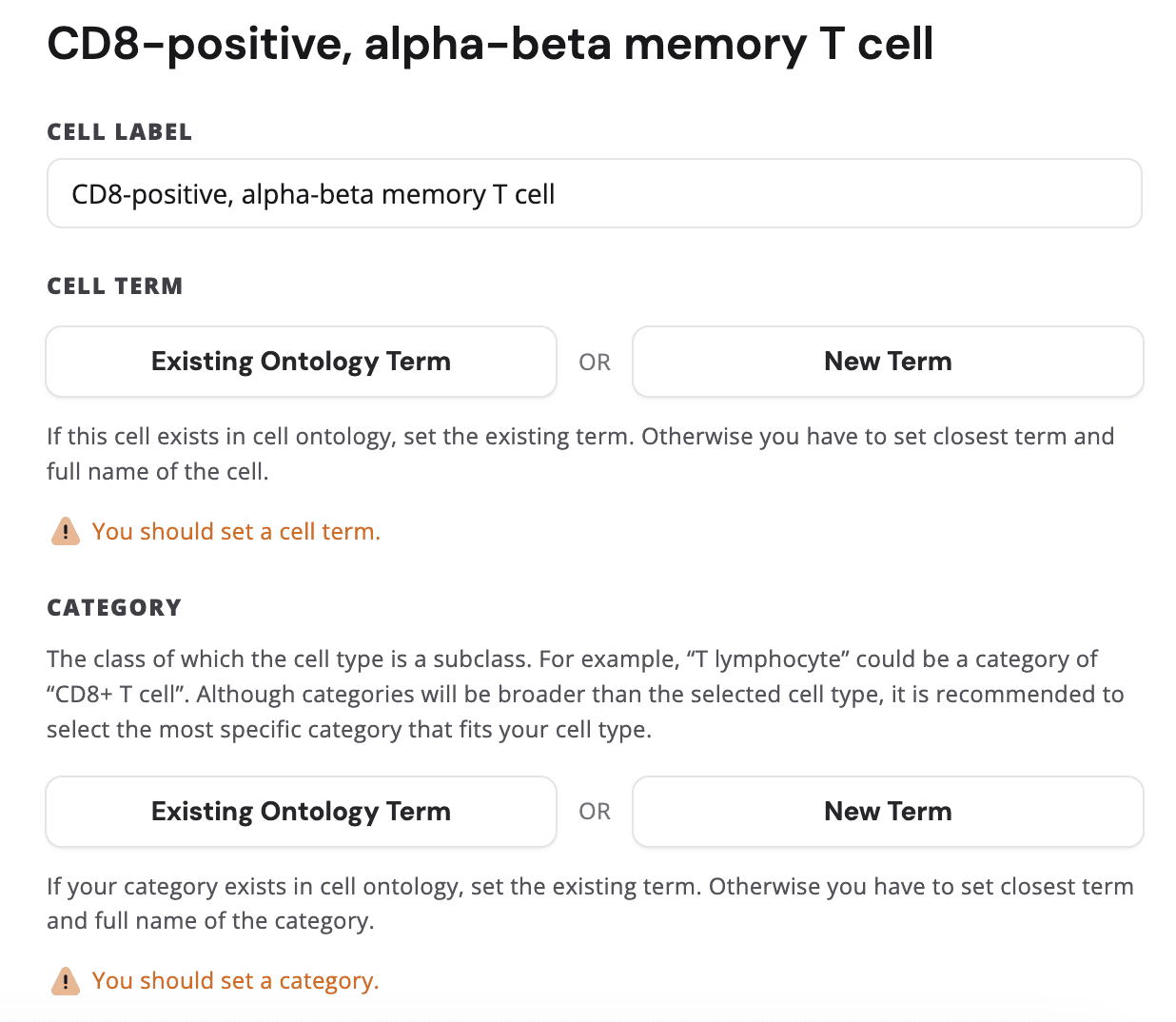 Example cell label with cell term and category displayed