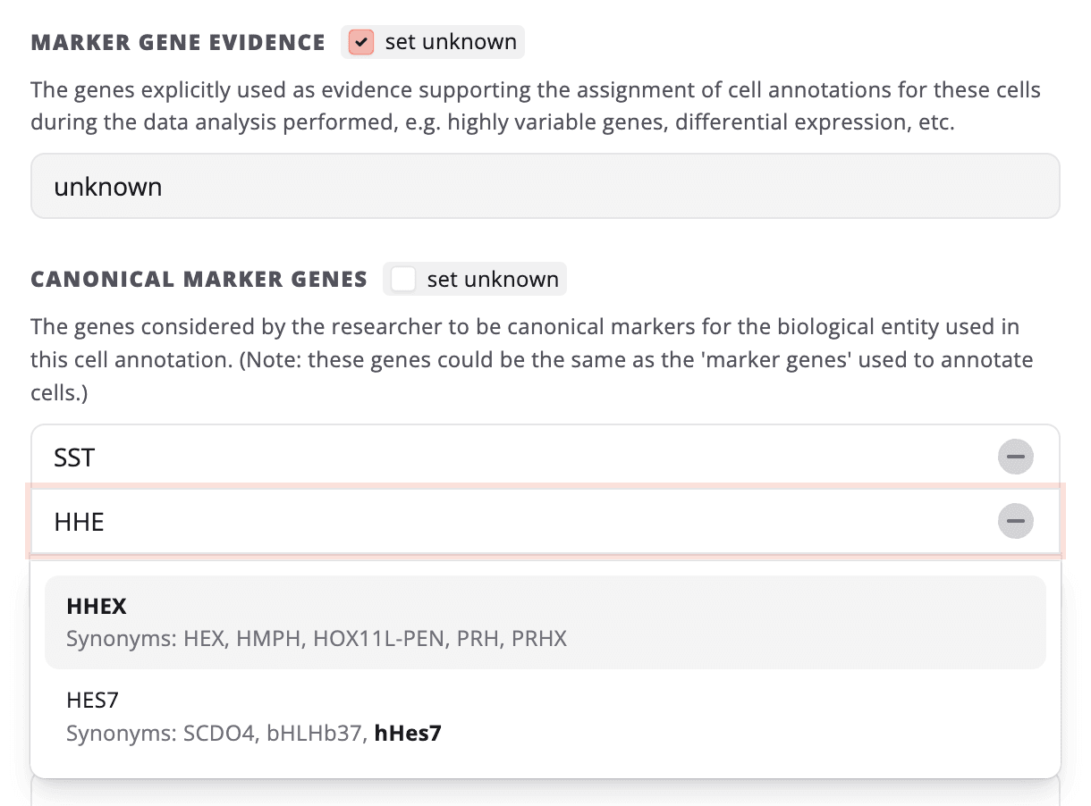 Marker and canonical gene fields with "+" and "set unknown" highlighted.