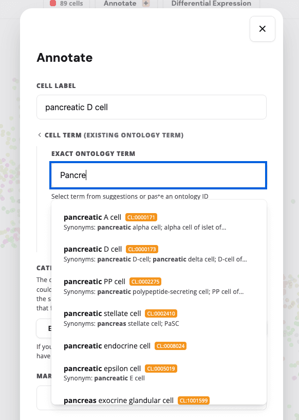 Annotate cell label window with ontology term auto-suggestion.