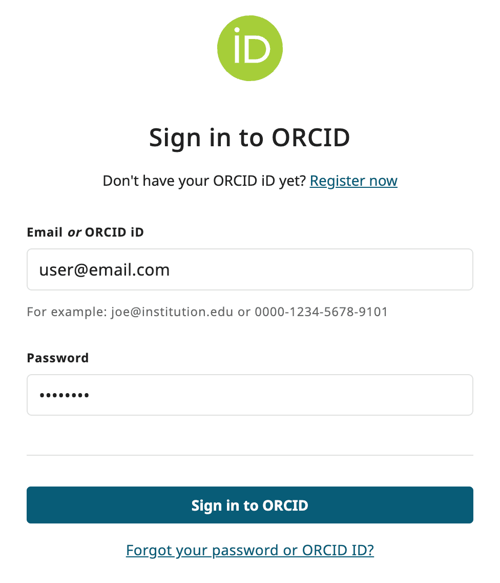 ORCID login with example credentials