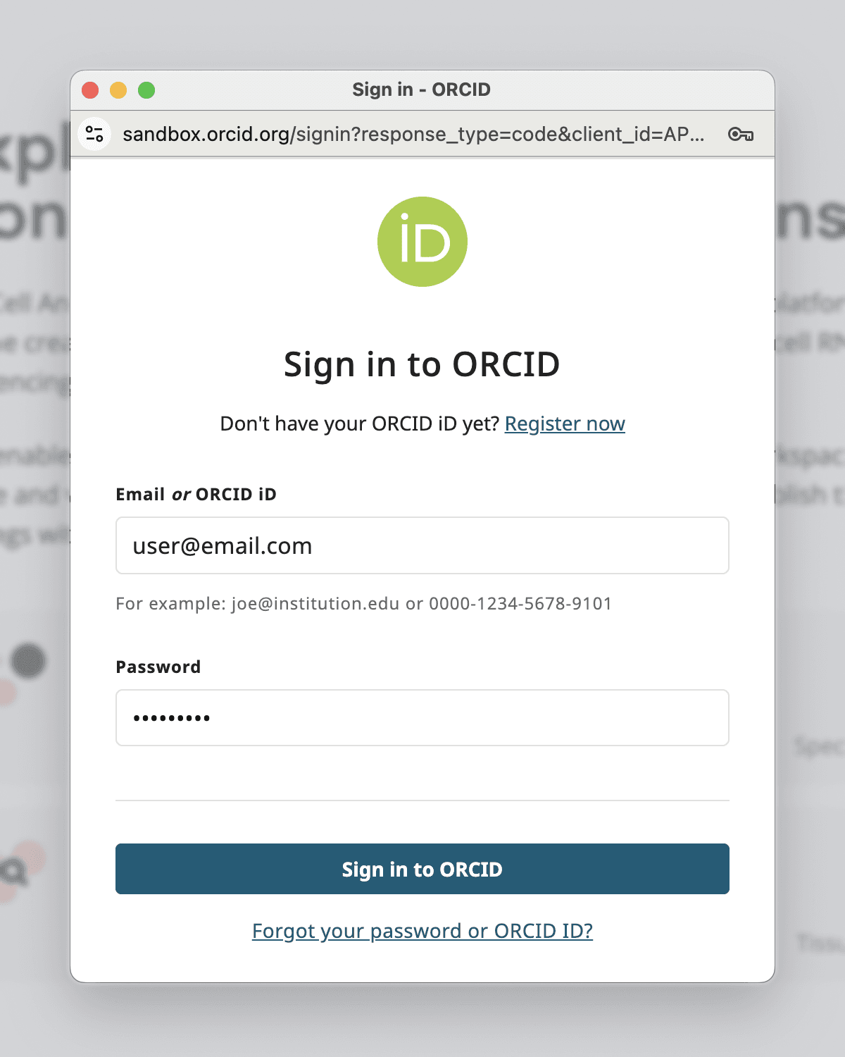 ORCID login with example credentials