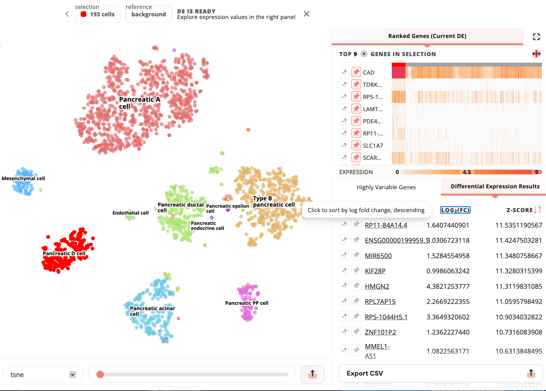 Gene table with sort by "log fold change" highlighted.