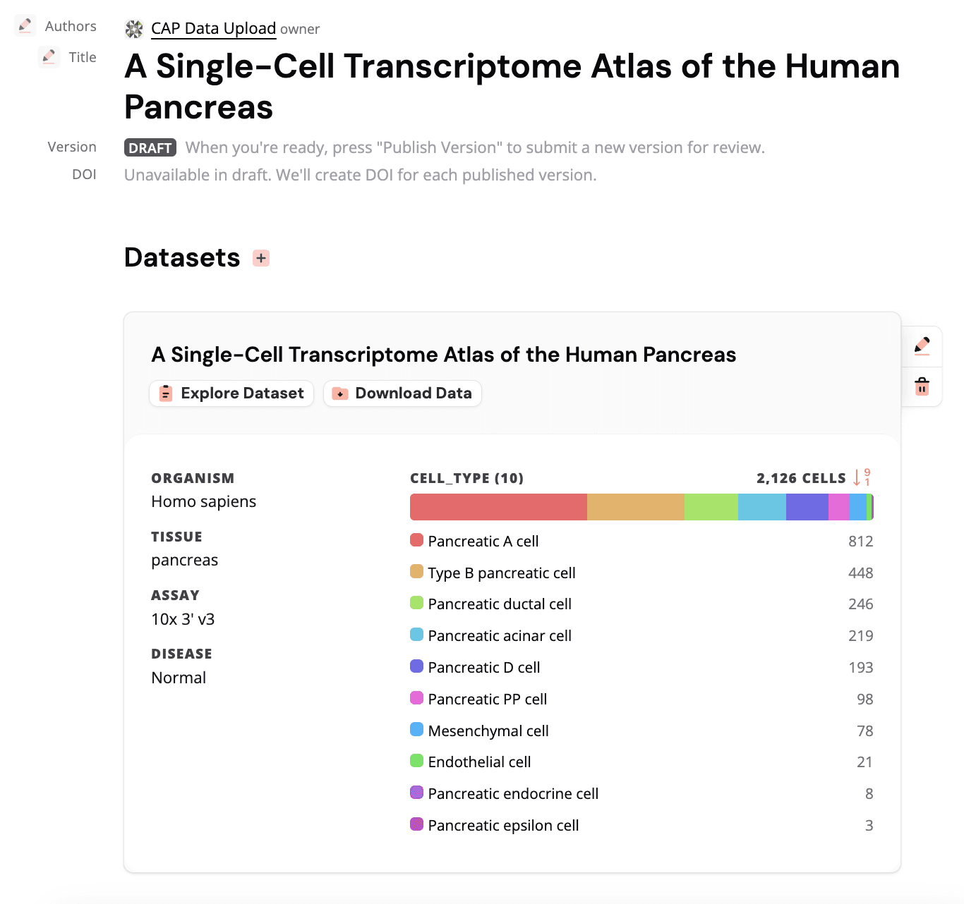 The draft publication page now has a dataset card representing the uploaded dataset. This card can be used to access the full dataset information.